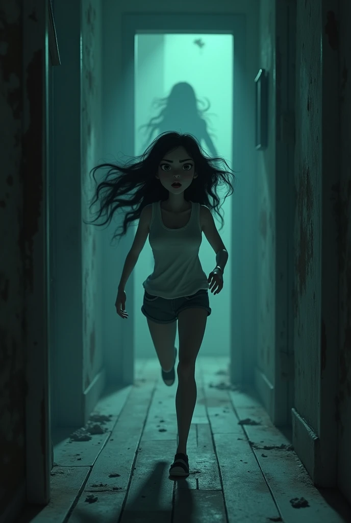 Sentence: "Finally, she ran out of her room, but the shadows followed her, whispering, 'You cannot escape us.'"Prompt: Ayesha running down a dark hallway in the old house, her expression panicked. Shadows stretch along the walls, following her, with faint whispers echoing, "You cannot escape us."3D animated cartoon
