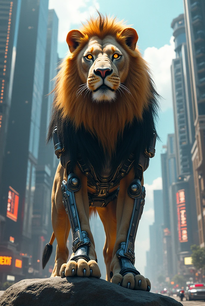 Loin in cyborg costume in wonder city of future
