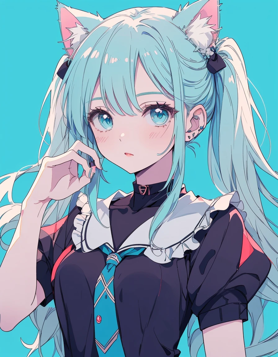 twin tail, rainbow hair color, Idol, Live, ((masterpiece, best quality:1.5)), ((Beautiful detailed cat aqua eyes:1.2)), cat ears, pale skin, medium breasts, beautiful hands, beautiful fingers, EasyNegative