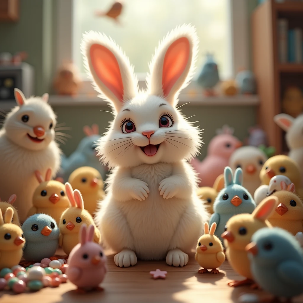 rabbit、(Wearing makeup:2)、(cute:2)、A lot of birds、Many animals、Happy、Happy、Perfect quality、Clear focus (Messy house: 0.8)、(masterpiece: 1.2)、(Realistic: 1.2)、(Bokeh)、(Highest quality)、(Detailed skin: 1.3)、(Intricate details)、(8k)、(Detail Eyes)、(Sharp focus)、(Happy)