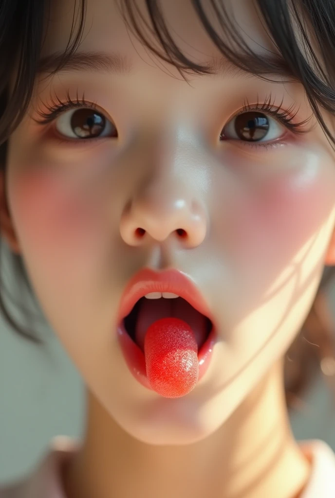 a cute japanese woman sticking out her tongue showing a capsule-shaped gummy on her tongue, gummy commercial, close-up, beautiful detailed eyes, beautiful detailed lips, extremely detailed face, long eyelashes, realistic, photorealistic, 8k, high quality, masterpiece, vivid colors, natural lighting, detailed skin texture, soft focus, cute expression, mouth open, tongue out, candy, sweets, japanese aesthetic