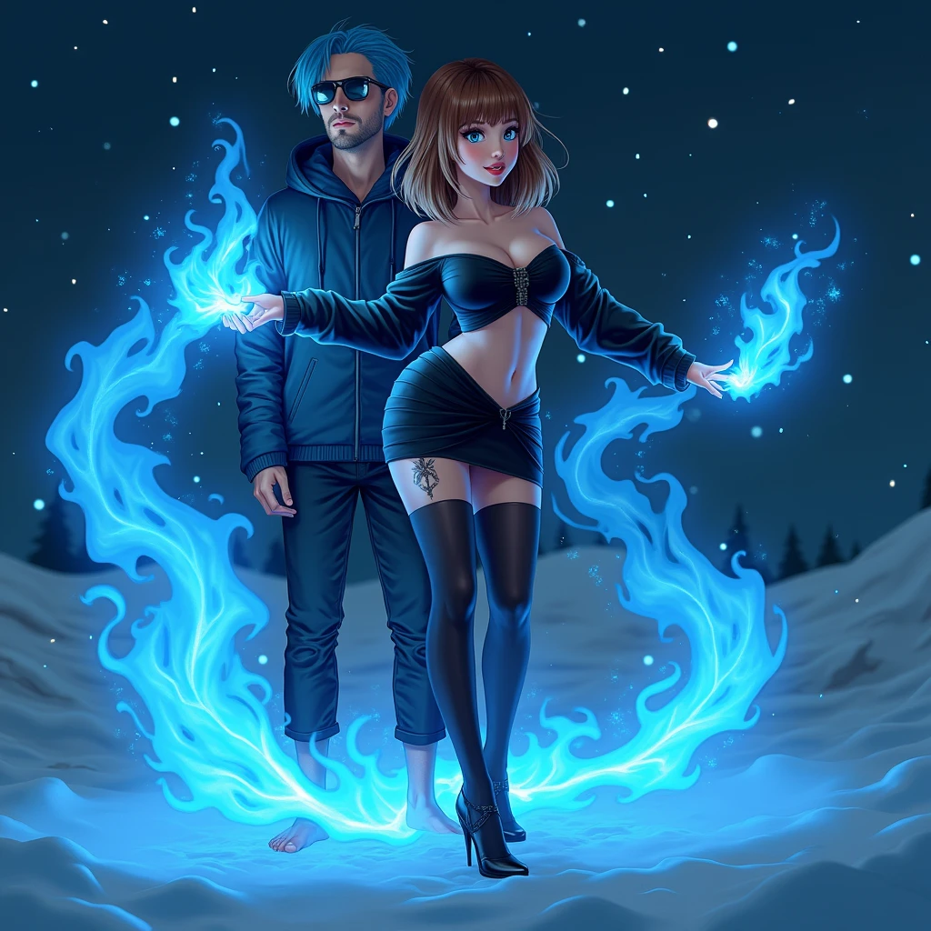 Virtual image, Virtual Magic, 1 girl, beautiful, Seductive, sexy, Asia, Medium bust, Bronze hair, medium length hair, light blue eyes, light red lips, tattoo, Black off shoulder top, sexy, skirt, tights, high-heels, full body, Suitable background, Real picture, Standing next to a man with blue hair and sunglasses., spell, Blue flames circulating around the body, very realistic., Snow at night with twinkling stars in the sky