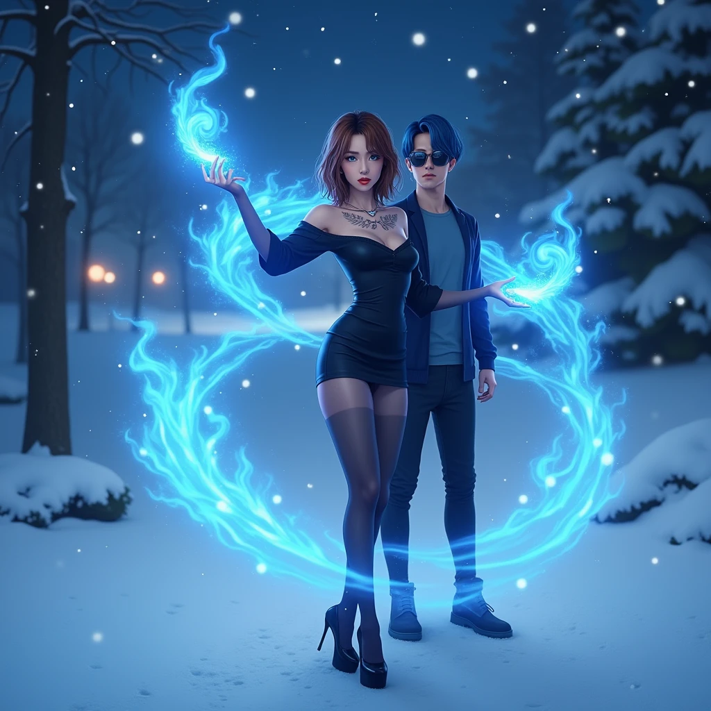 Virtual image, Virtual Magic, 1 girl, beautiful, Seductive, sexy, Asia, Medium bust, Bronze hair, medium length hair, light blue eyes, light red lips, tattoo, Black off shoulder top, sexy, skirt, tights, high-heels, full body, Suitable background, Real picture, Standing next to a man with blue hair and sunglasses., spell, Blue flames circulating around the body, very realistic., Snow at night with twinkling stars in the sky