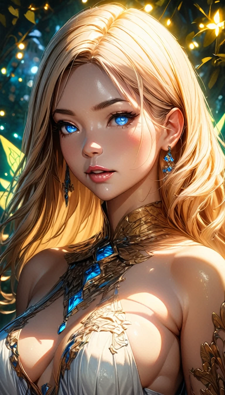 1girl, detailed face, beautiful detailed eyes, beautiful detailed lips, long blonde hair, blue eyes, breasts, detailed makeup, elaborate dress, elegant jewelry, fantasy forest, glowing fairy lights, cinematic lighting, intricate details, highly detailed, 8k, ultra-detailed, photorealistic, masterpiece, digital painting