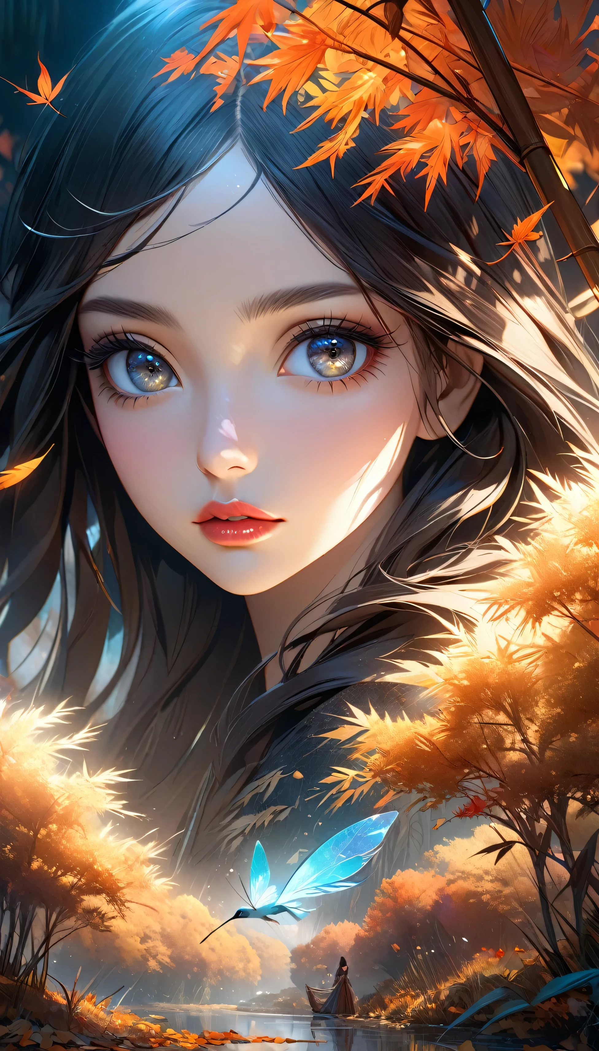 Reed landscape, bright canvas, The reed leaves are fluttering, Transparent holographic reflection, Surreal landscape made of reed leaves, Leaves viewers speechless, 
A beautiful world, 1 Indian woman, detailed eyes, Black eyes, detailed lips, very detailed face, long eyelashes, Beautiful and detailed portraits, elegant, tranquil expression, autumn, high quality, 8k, 
realistic, surrealist, studio lighting, Physically Based Rendering, vivid colors, movie lights, dramatic lighting, soft lighting,
 dramatic contrast, clear, ethereal, dreamlike, mysterious, magical, fancy, concept art