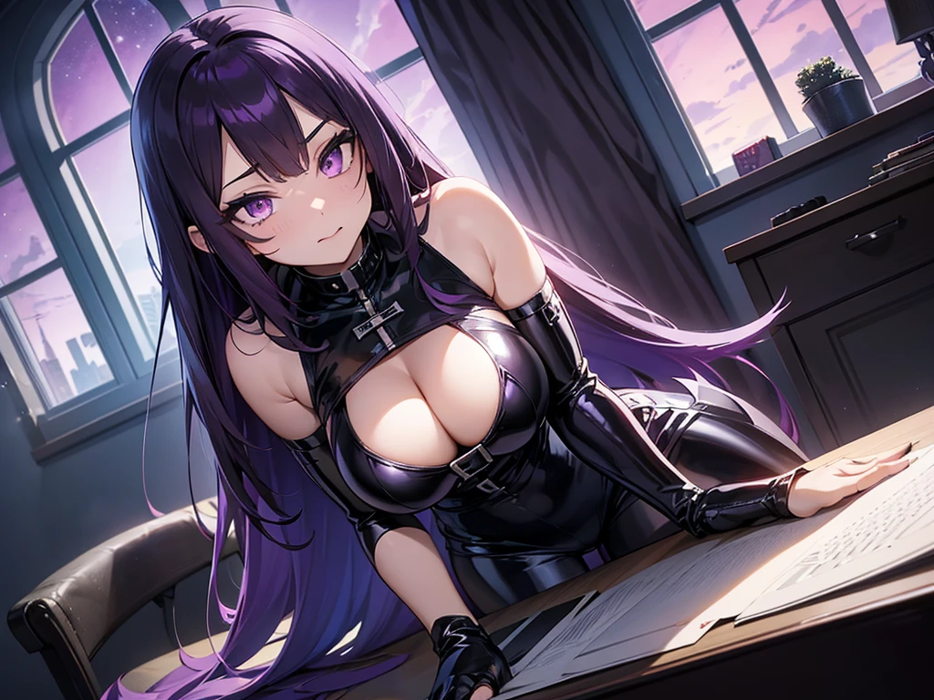 my_hero_academia, {female, long_straight_hair, purple_black_hair, purple_eyes, large_breast, looking_up, gothic, latex,}, seductive_pose, living_room_setting, windows_overlooking_night_sky, computer_desk,
