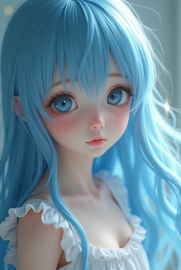 1 girl with long light blue hair, White skirt, Closeup of face