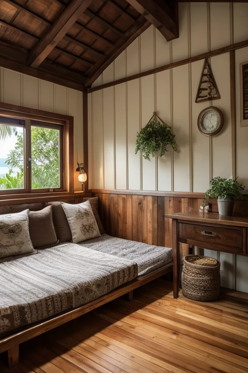 Southern Island Small House Bed in the Room、machine、indirect lighting、Foliage plant、Wood Deck、Country atmosphere、Woodhouse、antique、A little bit European、living、indoor、antique家具、Holiday Homes、sofa、cushion、Large windows、Outside you can see palm trees and a sandy beach.、The pillars and walls of the room are all made of wood.、machineの上には本とコーヒー、The furniture has a modern gothic feel、A room with a lot of stuff、The lighting is a bare bulb、Increase the number of star-themed miscellaneous goods and accessories、It's evening outside and the sunset sky is visible from the window.、View of sandy beach and palm trees、The window is empty、The curtains are fluttering in the wind、In the evening atmosphere