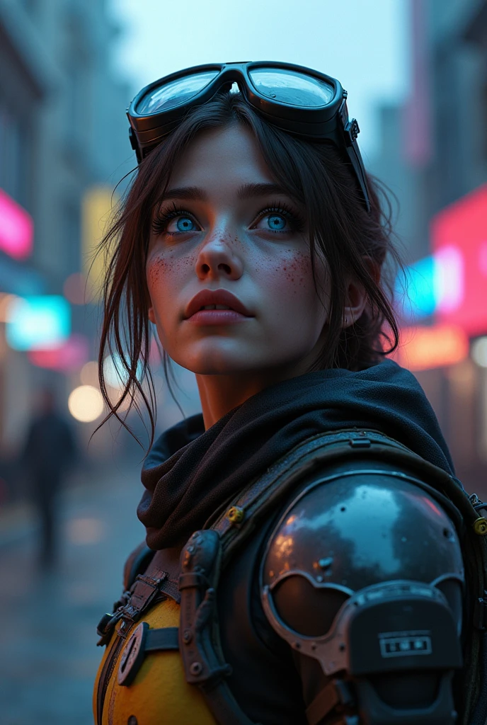 masterpiece, best quality, , (solo), 1girl, look up, dim light, , Horizon_(apex legends), goggles, blue eyes, brown hair, gauntlets, shoulder armor, headwear, (freckles:0.5), , (science_fiction), outdoors, street, neon lights, cyberpunk,