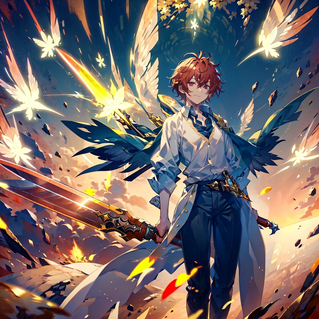 male, 180cm tall, androgynous beauty, sharp golden eyes, short messy flame-red hair, medium build, ethereal appearance, wearing a disheveled black dress shirt with rolled-up sleeves, black skinny pants, holding a katana, sword master, twilight sky background, reflective water surface, detailed anime style illustration, intense expression with slight smile, hidden power aura, fire and sparks swirling around the character