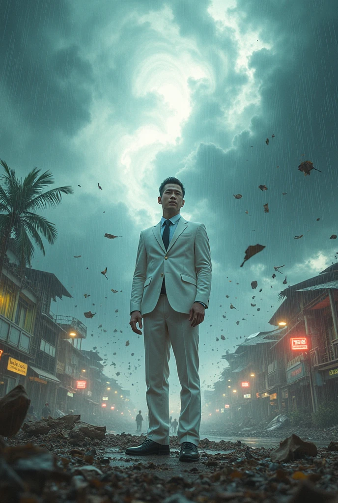 In front of Chiang Mai Provincial Hall, a strong storm is destroying houses and people are running away. There is a man in a white suit walking in the middle of the storm that is spiraling around the man in a white suit. The atmosphere is realistic.