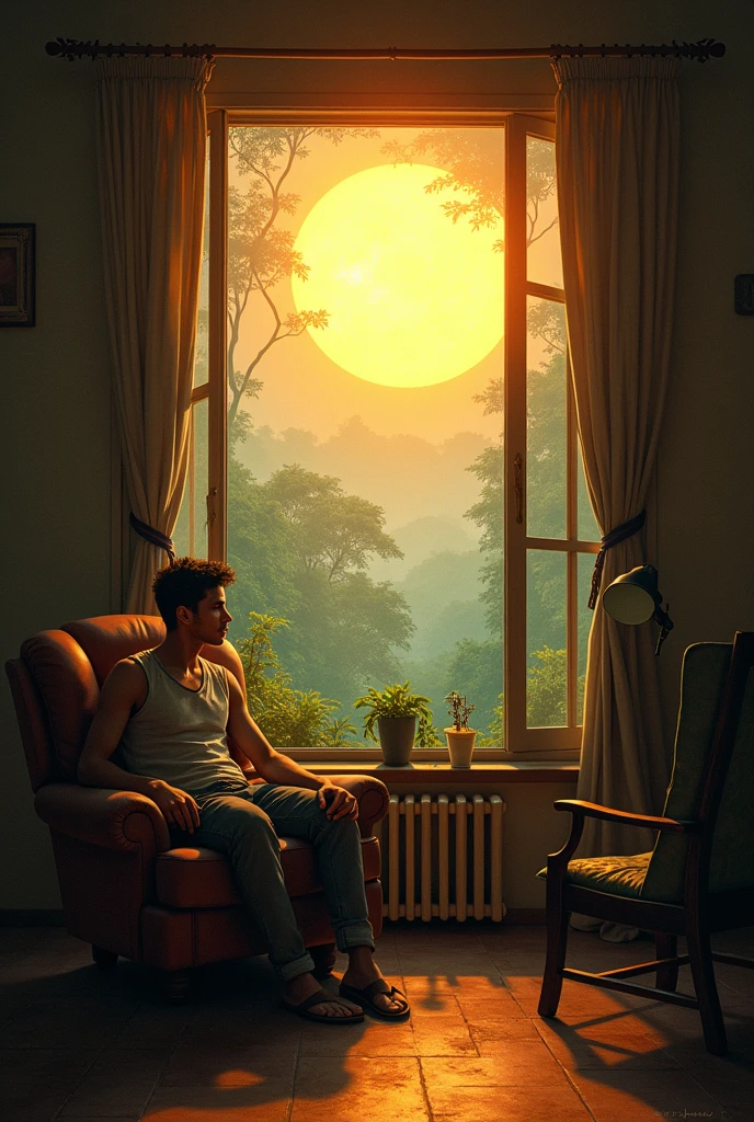 Creates a not so realistic image of : THE SUN IN PEDRO'S HOUSE Let there be a sun in the window and a young man sitting in an armchair in the Peruvian jungle Now create Pedro's mother Marta who worked tirelessly to keep her home afloat