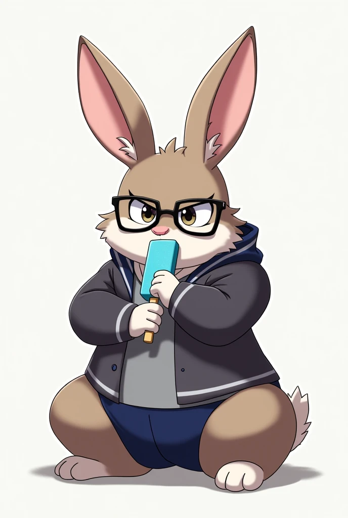 A strong furry, not-so-cute rabbit with glasses, ager, naked, anime-style uniform, seriously sitting upright, eating a blue popsicle.