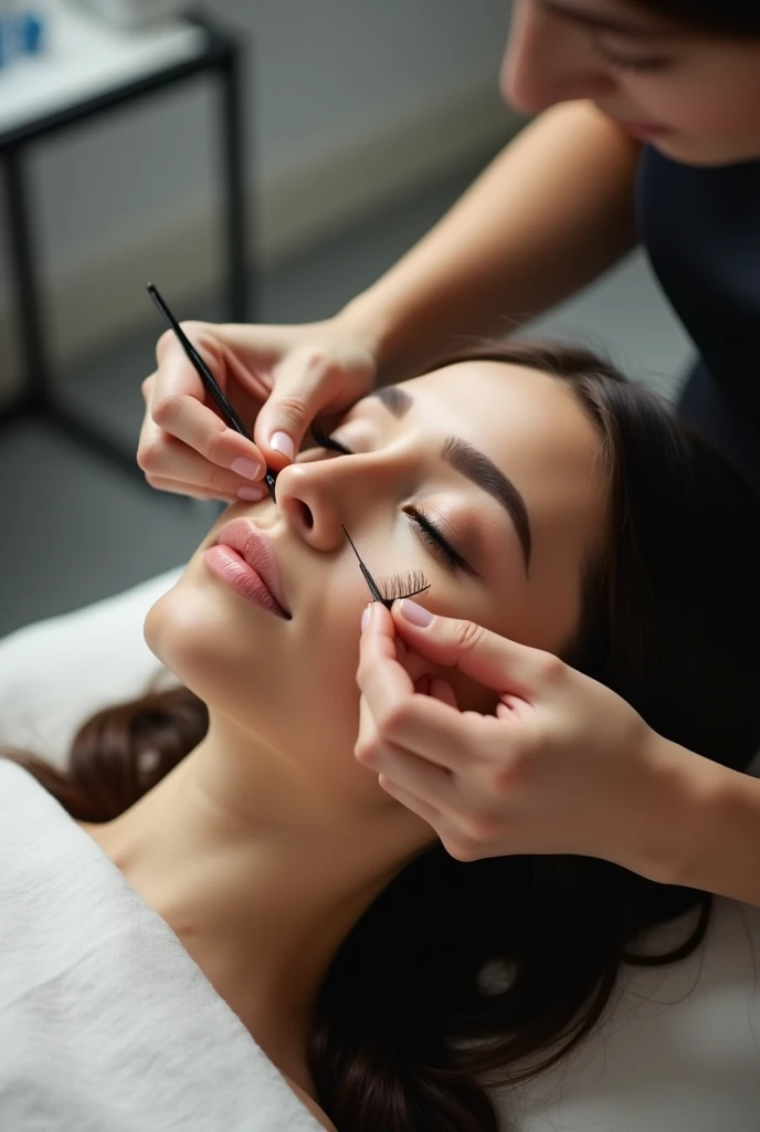 Realistic horizontal image of a woman undergoing eyelash extensions procedure.