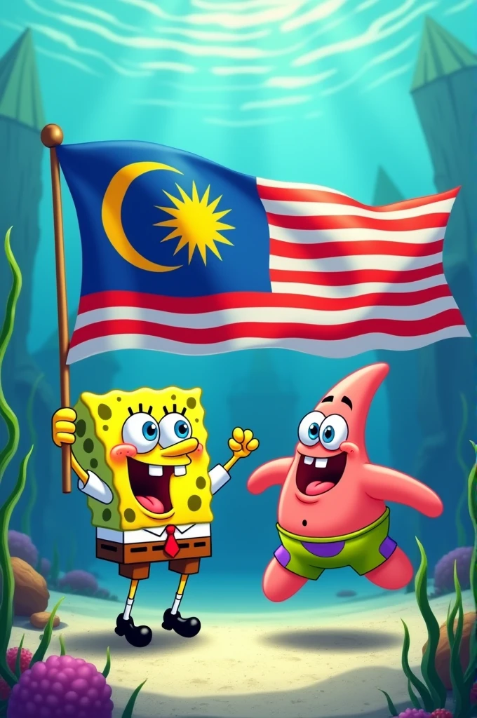 Spongebob and Patrick holding a Malaysian flag