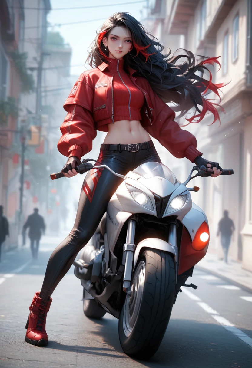 (Best Quality,4K,High resolution), high-level image quality、High quality pixels、Resolution up、Female rider riding motorcycle on national highway、Intricately decorated red rider jacket、Navel Ejection、Tight leather pants、cross belt、Long hair with red highlights on black hair、Drift Metallic Red Bike、Expresses a sense of speed and dynamism、Realistic depiction with delicate details、sharp eye、Full body projection
