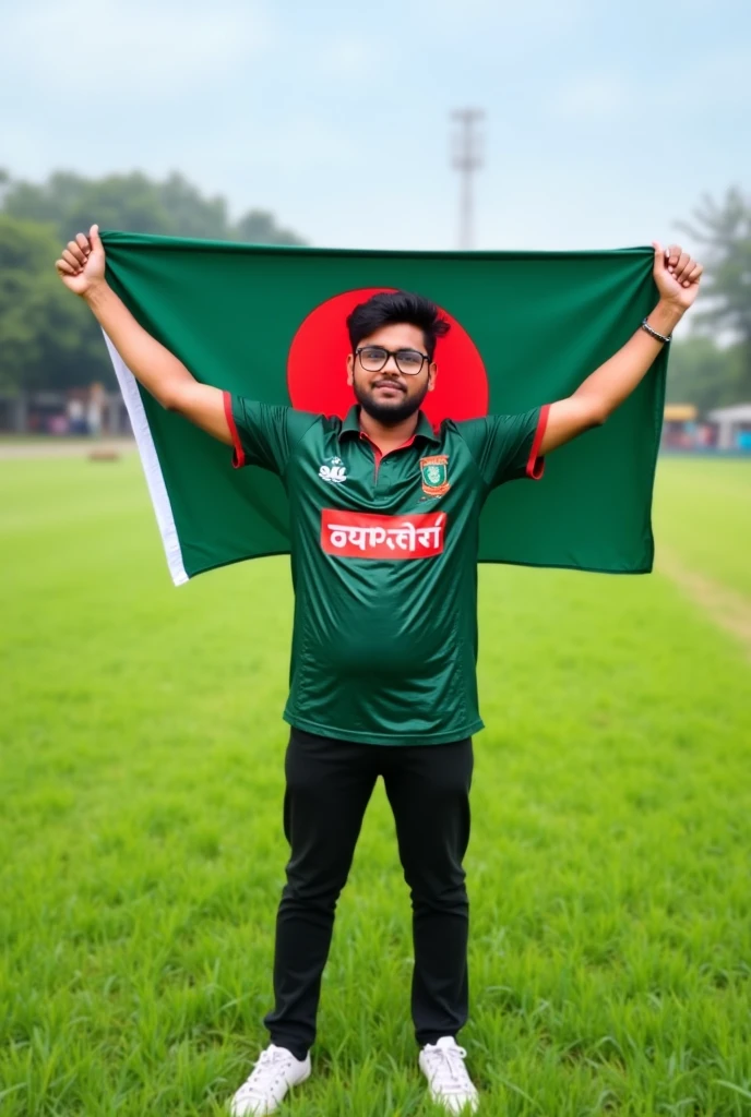 17 years old boy is watching Bangladesh cricket match on TV. the boy's name is Tasin and jersey number 75 is written on the jersey.