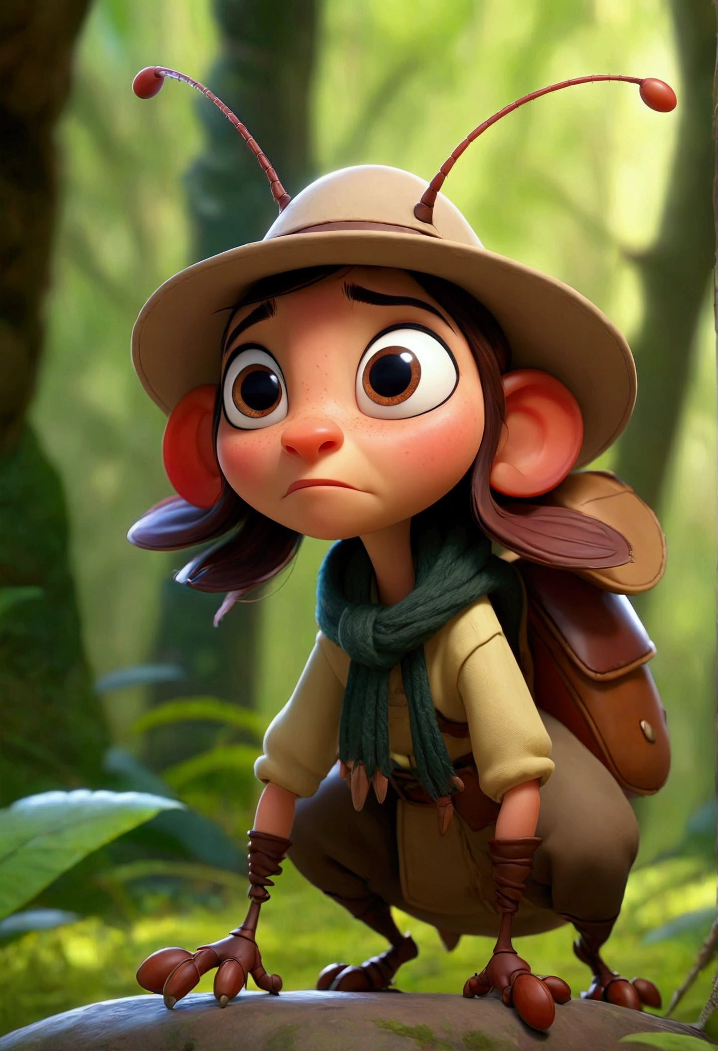 "An anthropomorphic cockroach with friendly and expressive features, similar to Pixar or Disney style, is in a magical forest. She is standing, holding two small suitcases, one in each hand, looking around with curiosity and determination. The trees in the forest are tall, with glossy, detailed leaves, creating a welcoming and charming environment. The cockroach wears simple clothes, like a traveler's hat and a scarf, and her big eyes convey emotion. The surrounding scenery has vibrant colors and soft lighting., typical of Pixar or Disney animations."
