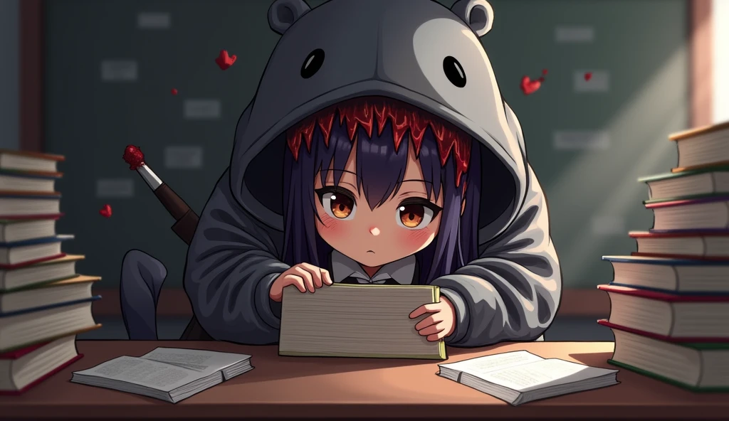 May ((a school girl with long dark purple hair that reaches her mid-back. She always wears a red headband. She has brown eyes. She wears a long-sleeved shirt and a black skirt.)) hid behind a pile of books on the table. The Mole mascot ((A scary mole mascot costume, it wears a gray hoodie, a bloody suit and carries a knife)) approached her and walked back and forth..