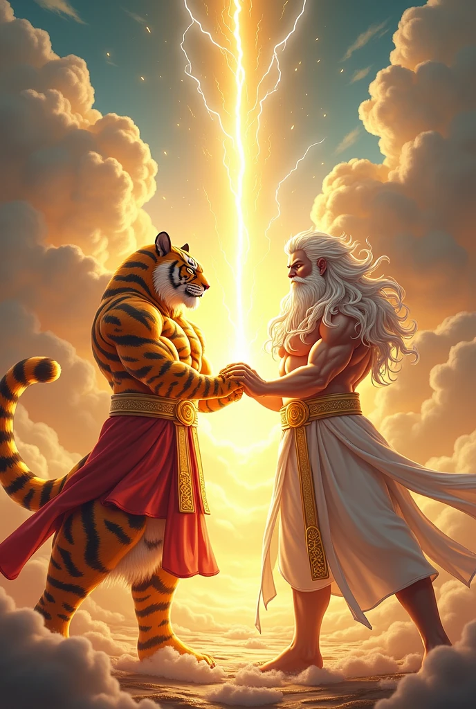 Scenario: The scene should depict two characters in a fusion posture, similar to the fusion of Goku and Vegeta from Dragon Ball-Z.
Character 1 (fortune tiger): An anthropomorphic tiger, with a strong and muscular appearance, wearing a traditional Chinese dress in gold with red details. The tiger must be in the fusion pose, with the finger pointing at the other character.
Character 2 (Gate of Olympus - Old Man of Lightning): A character similar to Zeus, with a long beard and flowing white hair, wearing a white Greek toga with gold details. He must be in the fusion pose, mirroring the tiger pose, with the finger pointing at the tiger.
Efeitos: Lightning and sparks should emanate from the meeting point of the two characters' fingers., representing the fusion.
fund: An epic and heavenly setting, com nuvens, lightning and a golden aurora in the background to give a mystical tone to the fusion.