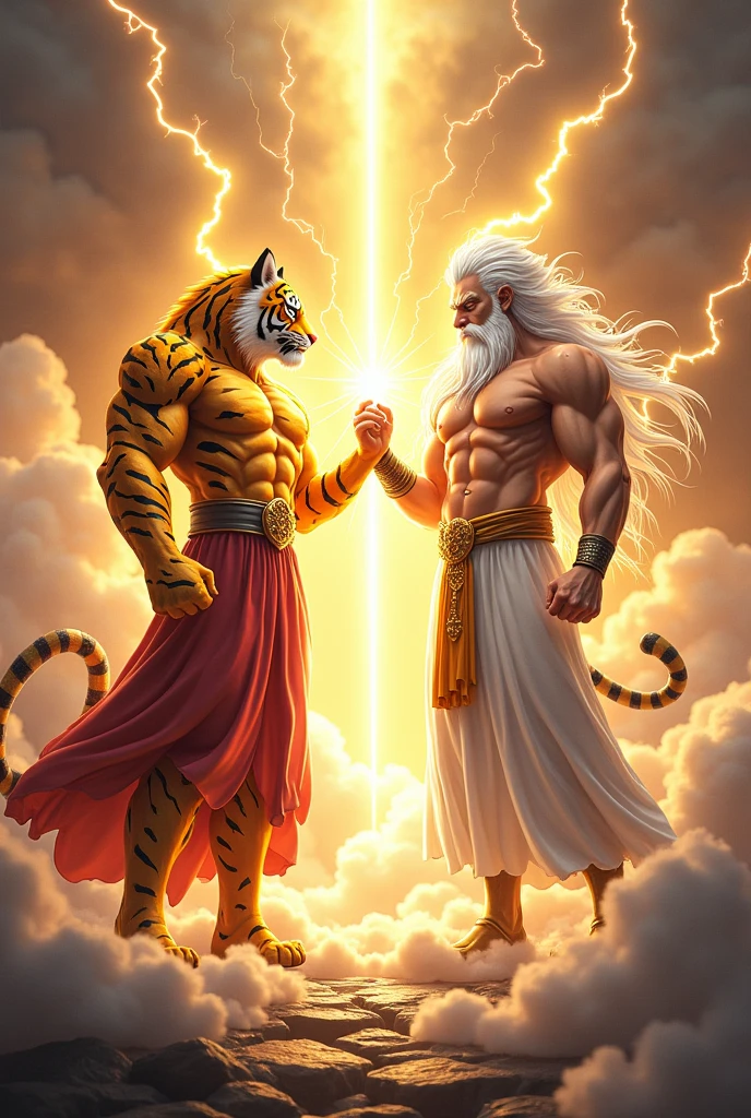 Scenario: The scene should depict two characters in a fusion posture, similar to the fusion of Goku and Vegeta from Dragon Ball-Z.

Character 1 (fortune tiger): An anthropomorphic tiger, with a strong and muscular appearance, wearing a traditional Chinese dress in gold with red details. The tiger must be in the fusion pose, with the finger pointing at the other character.

Character 2 (Gate of Olympus - Old Man of Lightning): A character similar to Zeus, with a long beard and flowing white hair, wearing a white Greek toga with gold details. He must be in the fusion pose, mirroring the tiger pose, with the finger pointing at the tiger.

Efeitos: Lightning and sparks should emanate from the meeting point of the two characters&#39; fingers., representing the fusion.

fund: An epic and heavenly setting, com nuvens, lightning and a golden aurora in the background to give a mystical tone to the fusion.
