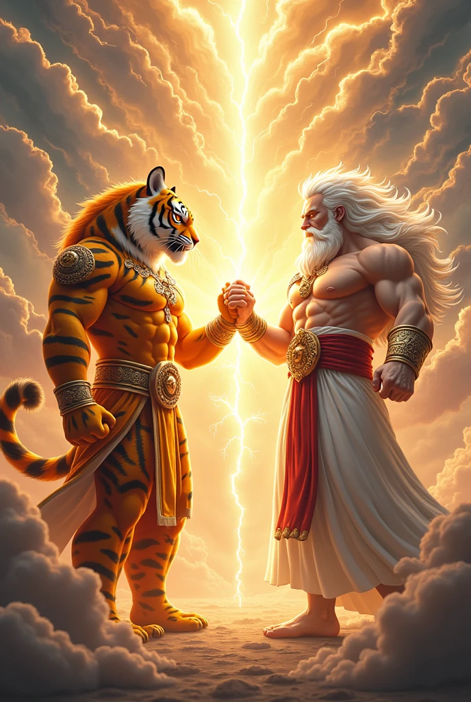 Scenario: The scene should depict two characters in a fusion posture, similar to the fusion of Goku and Vegeta from Dragon Ball-Z.

Character 1 (fortune tiger): An anthropomorphic tiger, with a strong and muscular appearance, wearing a traditional Chinese dress in gold with red details. The tiger must be in the fusion pose, with the finger pointing at the other character.

Character 2 (Gate of Olympus - Old Man of Lightning): A character similar to Zeus, with a long beard and flowing white hair, wearing a white Greek toga with gold details. He must be in the fusion pose, mirroring the tiger pose, with the finger pointing at the tiger.

Efeitos: Lightning and sparks should emanate from the meeting point of the two characters&#39; fingers., representing the fusion.

fund: An epic and heavenly setting, com nuvens, lightning and a golden aurora in the background to give a mystical tone to the fusion.
