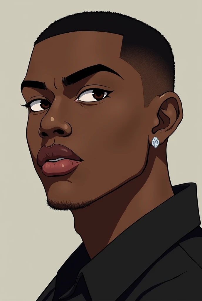 a black man with short hair shaved on the sides, diamond earring in the ears, with black shirt, portraite, brown eye color. anime styling. very dark espresso skin color. wide nose, large lips