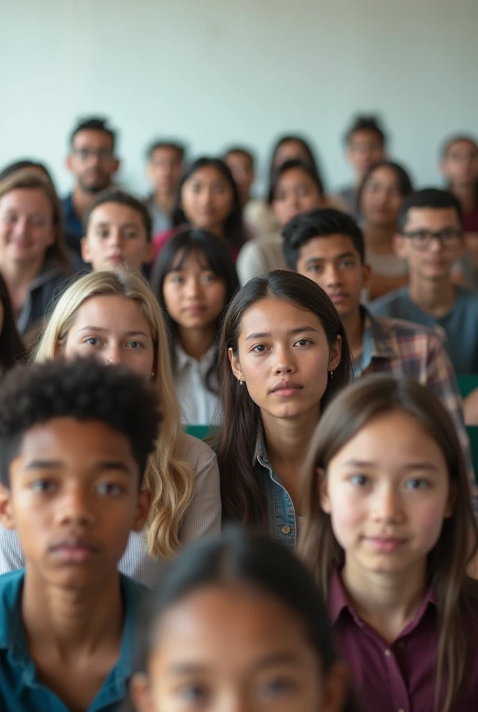 White classroom without the board focusing on young and adult students and without children present in front paying attention to the camera