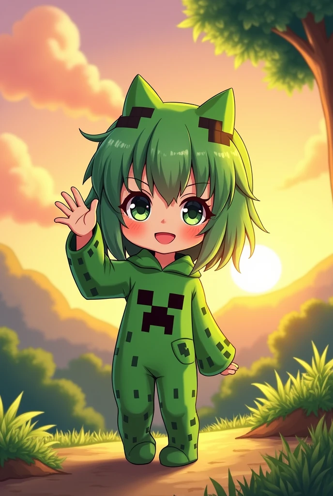 Anime girl in creeper outfit waving goodbye
( Title writing: Jenni)