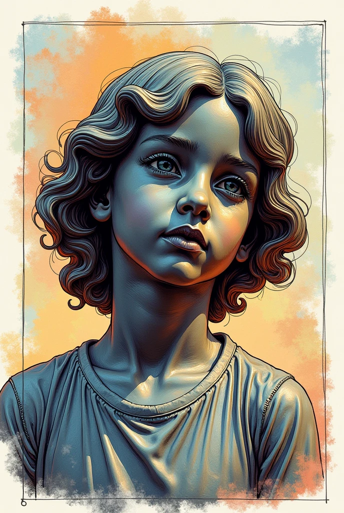 A bronze statue of a , very detailed, child, hair below the shoulders. colourful drawing. in a square. drawing style , filled line art, 2d.
