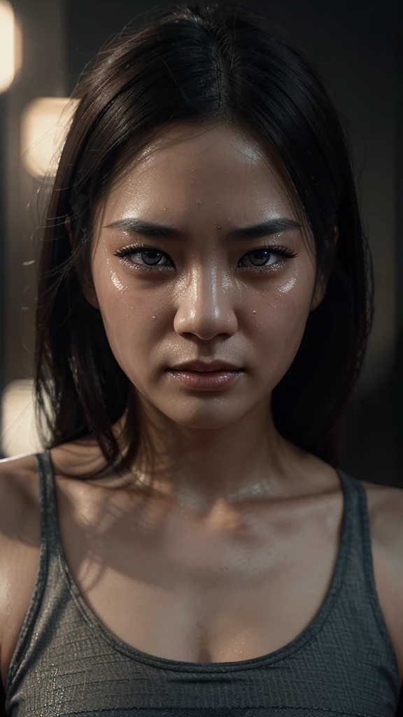 a crying 3 Chinese woman wearing a tank top, beautiful detailed eyes, beautiful detailed lips, extremely detailed face, longeyelashes, cinematic lighting, dramatic lighting, moody lighting, emotional portrait, high quality, highly detailed, photorealistic, 8k, masterpiece, digital painting, concept art, warm color tones, dramatic shadows