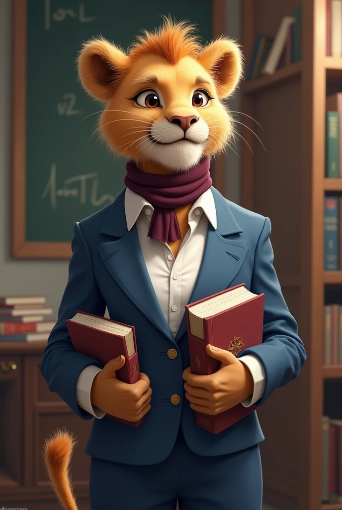 Female lioness, school, without mane, in his hand books with a smile without muscles, with a white shirt suit and a blue suit, with little hair with a small wine-colored scarf around her neck