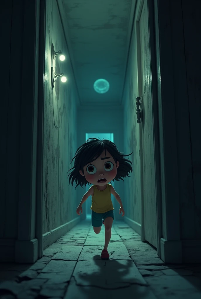 Sentence: "Finally, she ran out of her room, but the shadows followed her, whispering, 'You cannot escape us.'"Prompt: Ayesha running down a dark hallway in the old house, her expression panicked. Shadows stretch along the walls, following her, with faint whispers echoing, "You cannot escape us."3D animated cartoon  girl 