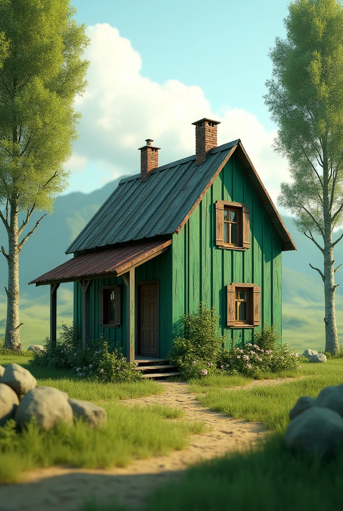A green house with corrugated iron on its side