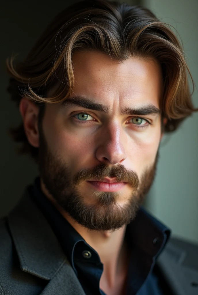 Wallpaper of a man with brown hair and green eyes with a beard