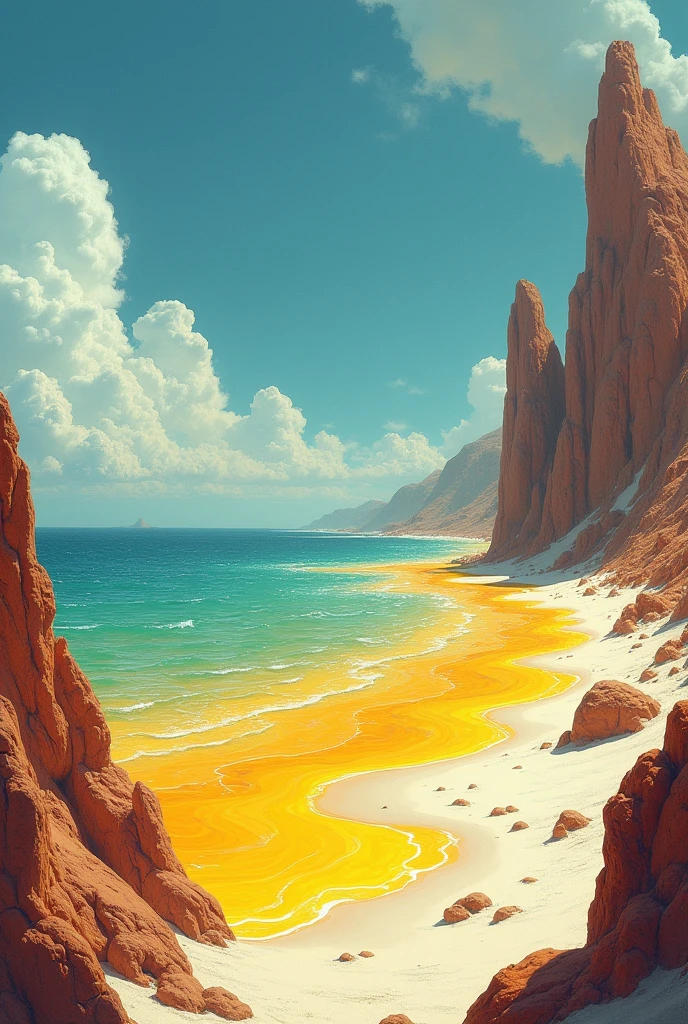 Create an illustration of a beach with a sea of sulfur A beach Now create the coast of this beach