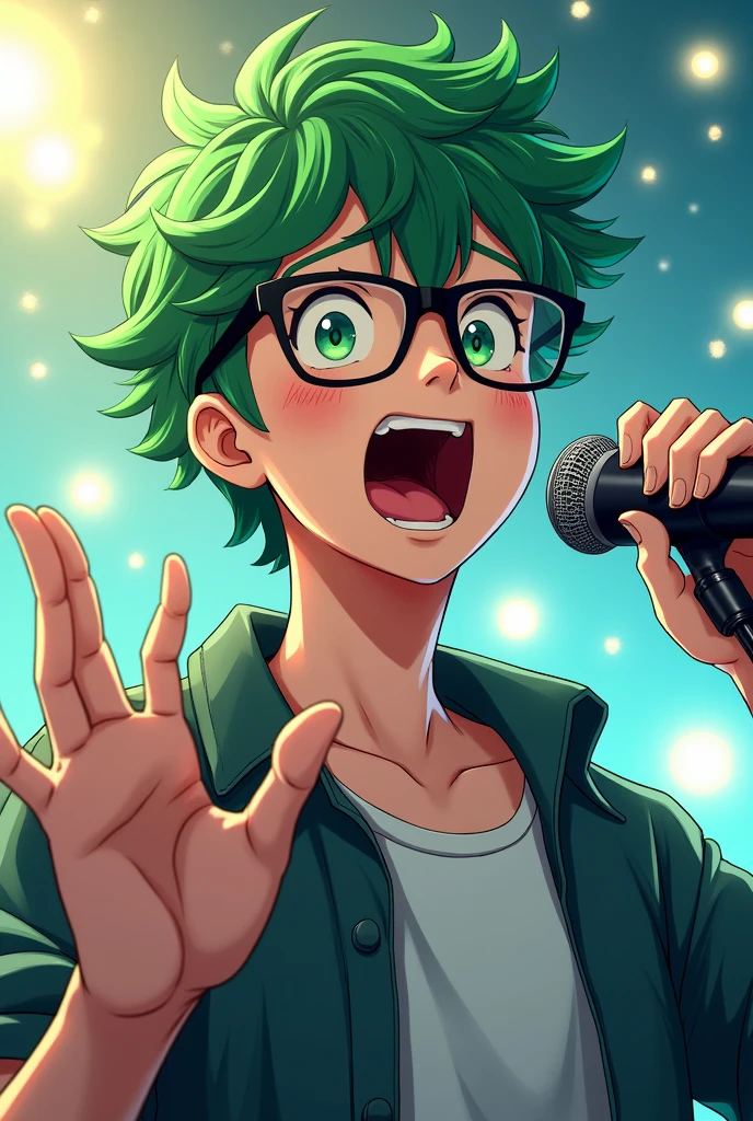 Cute young man with green hair and mashed hair, black-rimmed glasses, anime, casual clothes 歌っているところ