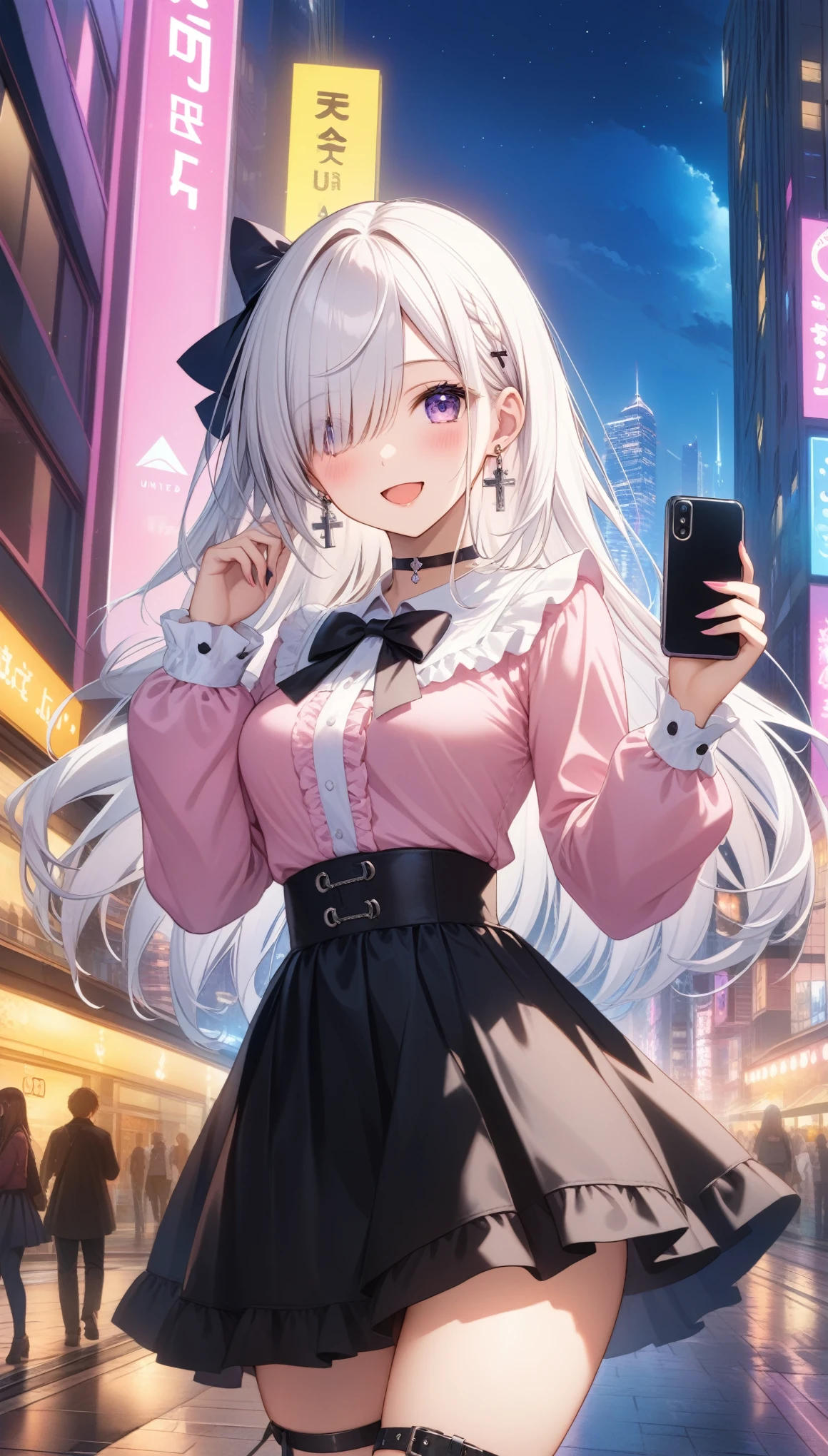 1girl, solo, long hair, breasts, looking at viewer, blush, smile, open mouth, bangs, skirt, shirt, long sleeves, bow, holding, jewelry, medium breasts, standing, white hair, :d, cowboy shot, earrings, outdoors, frills, choker, bowtie, black skirt, hair over one eye, hands up, black bow, thigh strap, night, black choker, phone, cellphone, building, smartphone, holding phone, pink shirt, high-waist skirt, black bowtie, city, frilled shirt, cross earrings, jirai kei, ((32k)), ((best quality)), ((ultra high res)), ((HDR)), ((UHD)), ((extremely detailed CG)), ((unity 32k wallpaper)),