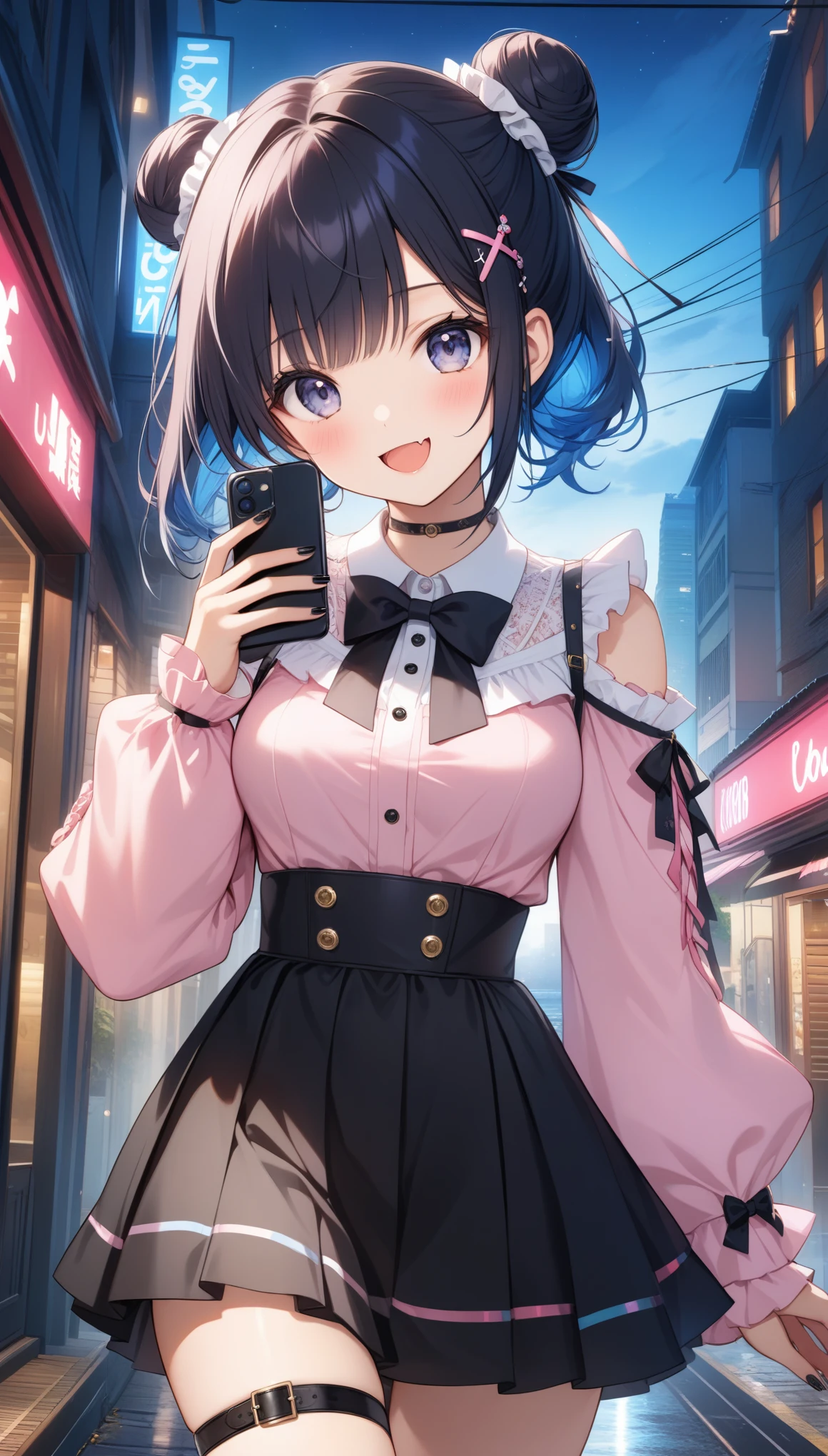 1girl, solo, breasts, looking at viewer, blush, smile, open mouth, bangs, skirt, shirt, black hair, hair ornament, long sleeves, bow, holding, medium breasts, blue hair, standing, :d, cowboy shot, outdoors, frills, choker, hairclip, fang, puffy sleeves, black skirt, hair bun, nail polish, grey eyes, clothing cutout, double bun, black bow, thigh strap, night, headphones, black choker, phone, cellphone, x hair ornament, building, black nails, smartphone, skin fang, holding phone, pink shirt, high-waist skirt, black bowtie, frilled shirt, shoulder cutout, jirai kei, ((32k)), ((best quality)), ((ultra high res)), ((HDR)), ((UHD)), ((extremely detailed CG)), ((unity 32k wallpaper)),