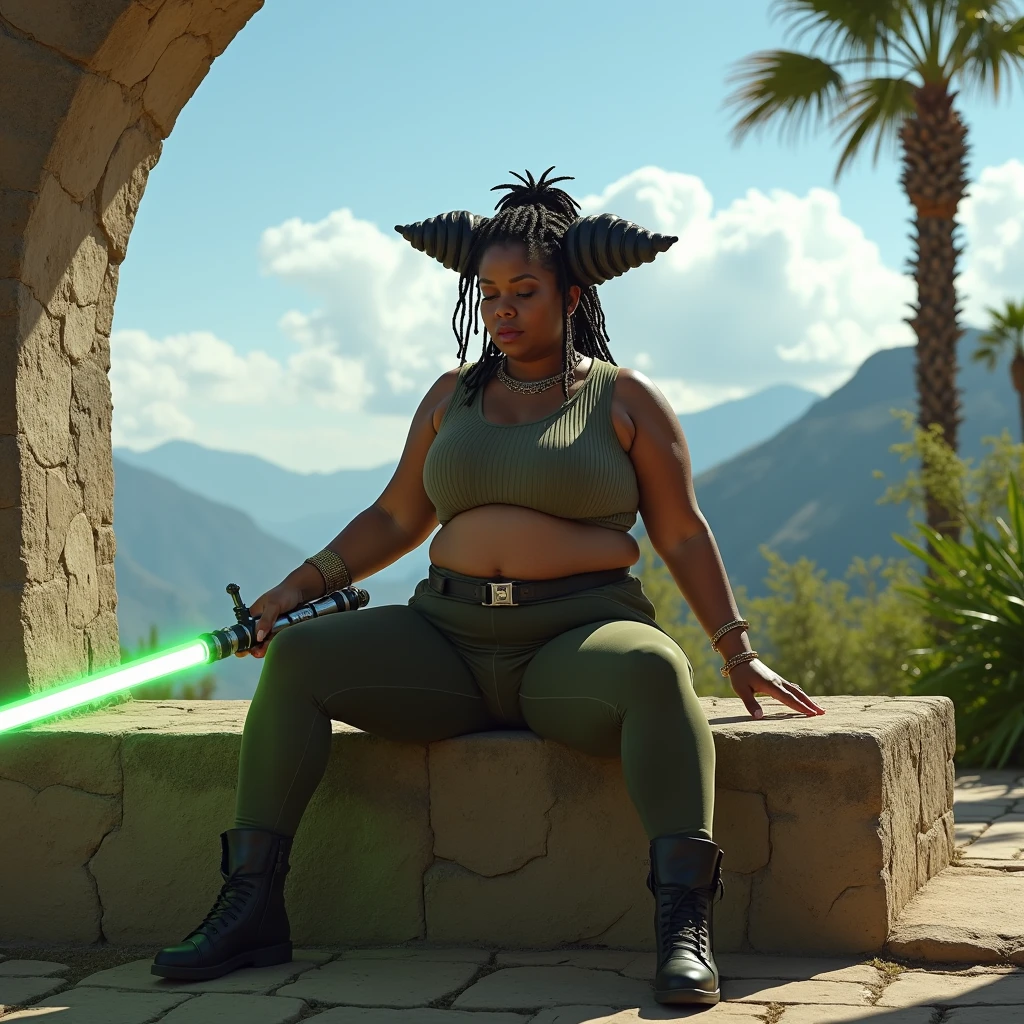 landscape photography of a (slightly overweight) middle aged woman as a ((jedi with a light saber)) with ((senegalese twist hair)) wearing (clothes with exaggerated or extreme headwear),dressed in crop top,olive green,ribbed texture,high-waisted leggings,olive green,fitted,outdoor setting,clear blue sky,mountain view,lush greenery,architectural structure,seated,legs spread,head tilted down