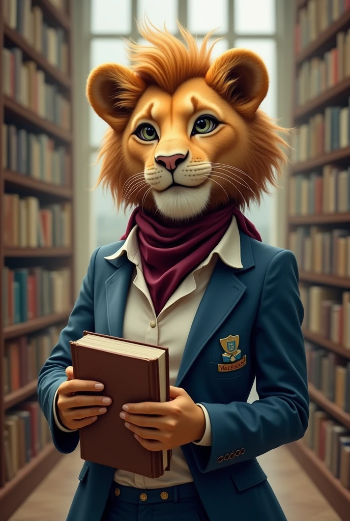 Female lioness, school, without mane, in his hand books with a smile without muscles, with a white shirt suit and a blue suit, with little hair with a small wine-colored scarf around her neck