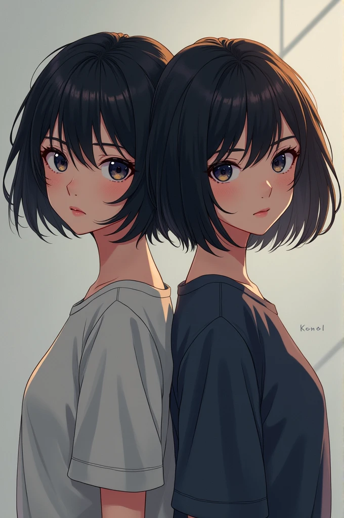 Anime girl with short hair dark skin and looking at the camera with her twin