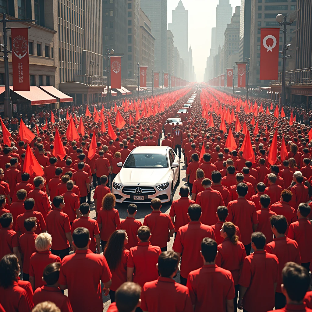 A city center seen from above:crowd with 1 million people dressed in red and white with flags around the car walking forward and a car in the middle of the people with 7 politicians in the background and another car behind