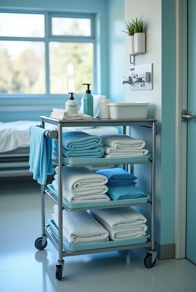 photo d'un chariot d'hopital avec le matériel nécessaire pour la toilette des patient (Gants jetables
Savon doux adapté aux peaux sensibles
Serviettes et gants de toilette
Bassine pour la toilette partielle au lit si nécessaire
Crèmes hydratantes et lotions (si besoin)
Linge propre
Barrières de lit (si la toilette est faite au lit)
)