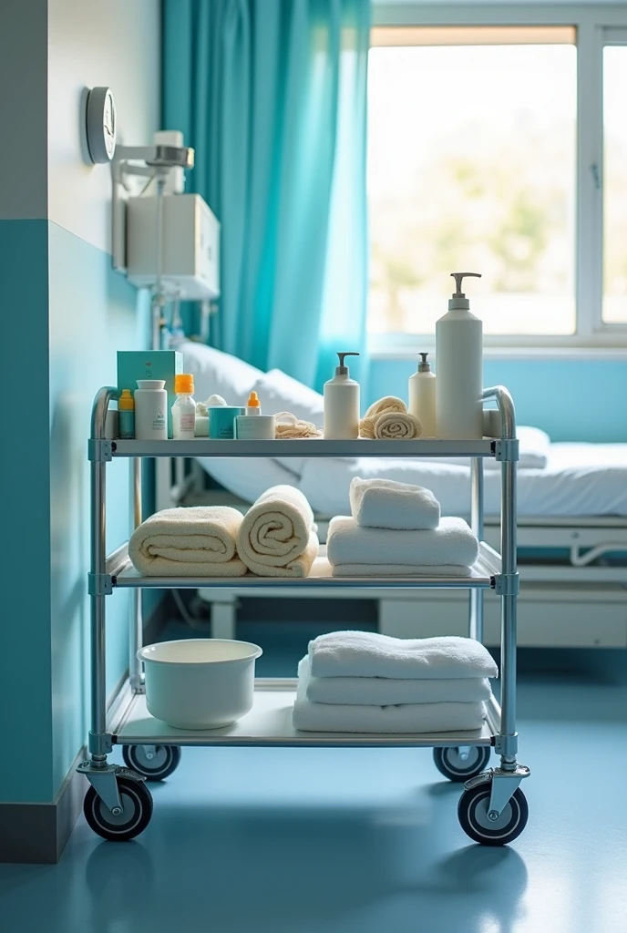photo d'un chariot d'hopital avec le matériel nécessaire pour la toilette des patient (Gants jetables
Savon doux adapté aux peaux sensibles
Serviettes et gants de toilette
Bassine pour la toilette partielle au lit si nécessaire
Crèmes hydratantes et lotions (si besoin)
Linge propre
Barrières de lit (si la toilette est faite au lit)
)