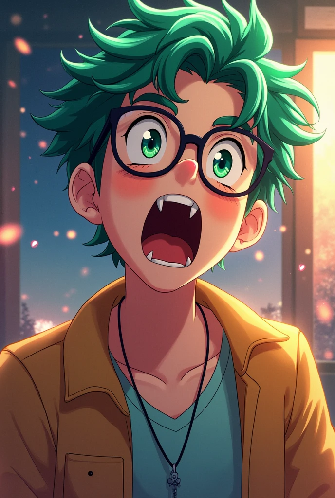 Cute young man with green hair and mashed hair, black-rimmed glasses, anime, casual clothes 歌っているところ