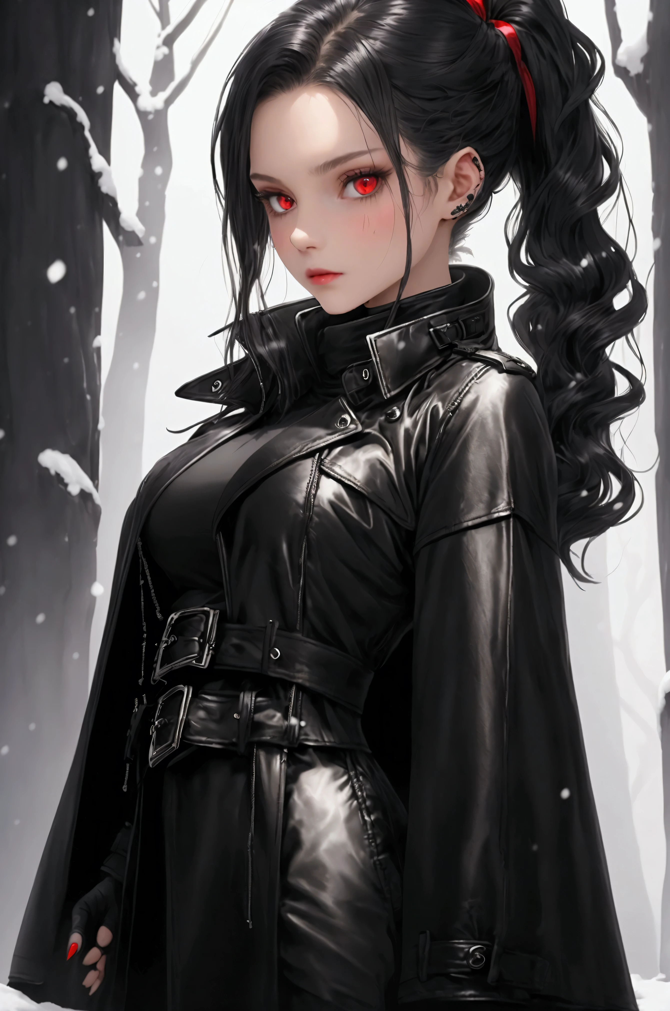 A girl in a long black leather trench coat, Black pants, Boots , a height 1.79,a black turtleneck blouse  , Thin hands with silver nail guards that simulated sharp claws , red eyes/wine ,My hair as black as night tied in a perfect ponytail , On the right side you could see a black katana with red details on his face, a scar that crosses part of the left eye and my fine features and my snow-white skin., background a dark forest