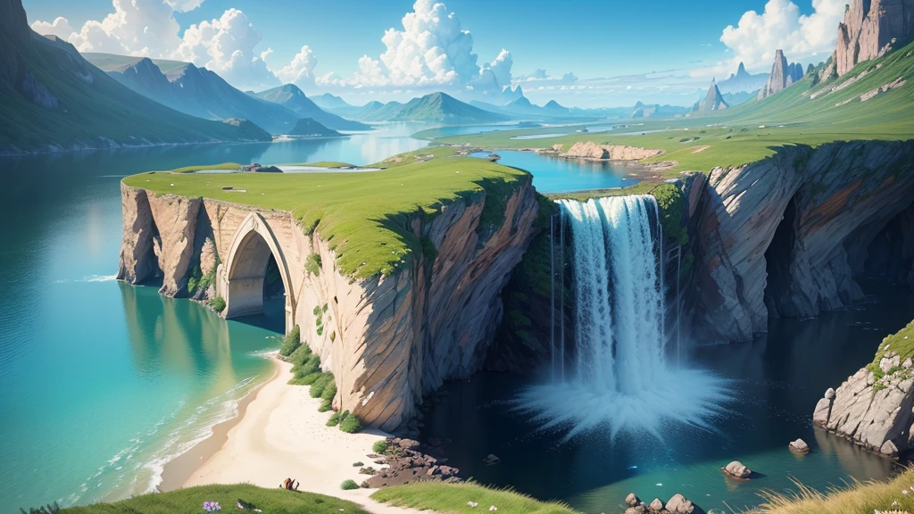 Disney scenery, water, (Highly detailed CG Unity 8k wallpaper), The most beautiful works of art in the world, Professional majestic oil painting, Complex, Attention to detail, Clear focus, dramatic, Realistic Painting Art, blue sky.Nature, 2D Animation, grassland, blue sky, Sunset, White flower, Vast Sky, 8k, Super Resolution 