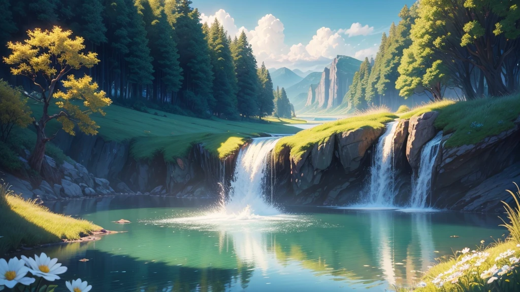 Disney scenery, water, (Highly detailed CG Unity 8k wallpaper), The most beautiful works of art in the world, Professional majestic oil painting, Complex, Attention to detail, Clear focus, dramatic, Realistic Painting Art, blue sky.Nature, 2D Animation, grassland, blue sky, Sunset, White flower, Vast Sky, 8k, Super Resolution 