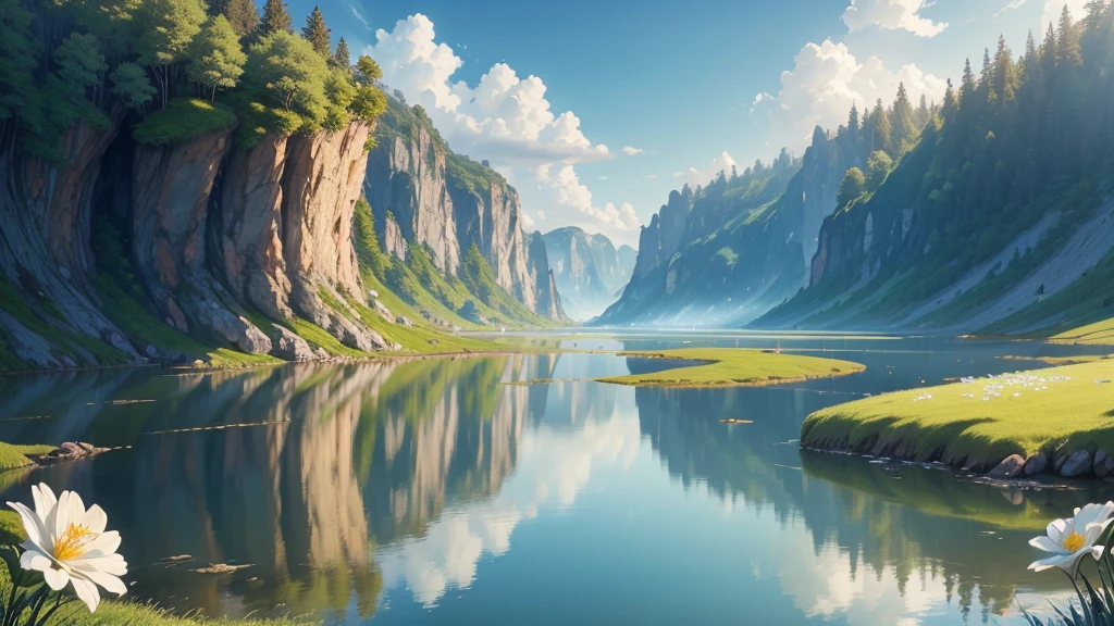 Disney scenery, water, (Highly detailed CG Unity 8k wallpaper), The most beautiful works of art in the world, Professional majestic oil painting, Complex, Attention to detail, Clear focus, dramatic, Realistic Painting Art, blue sky.Nature, 2D Animation, grassland, blue sky, Sunset, White flower, Vast Sky, 8k, Super Resolution